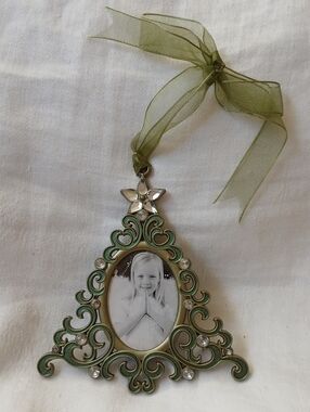 AARON BROTHERS Jeweled Scroll Green Christmas Tree Picture Frame Ornament 4"